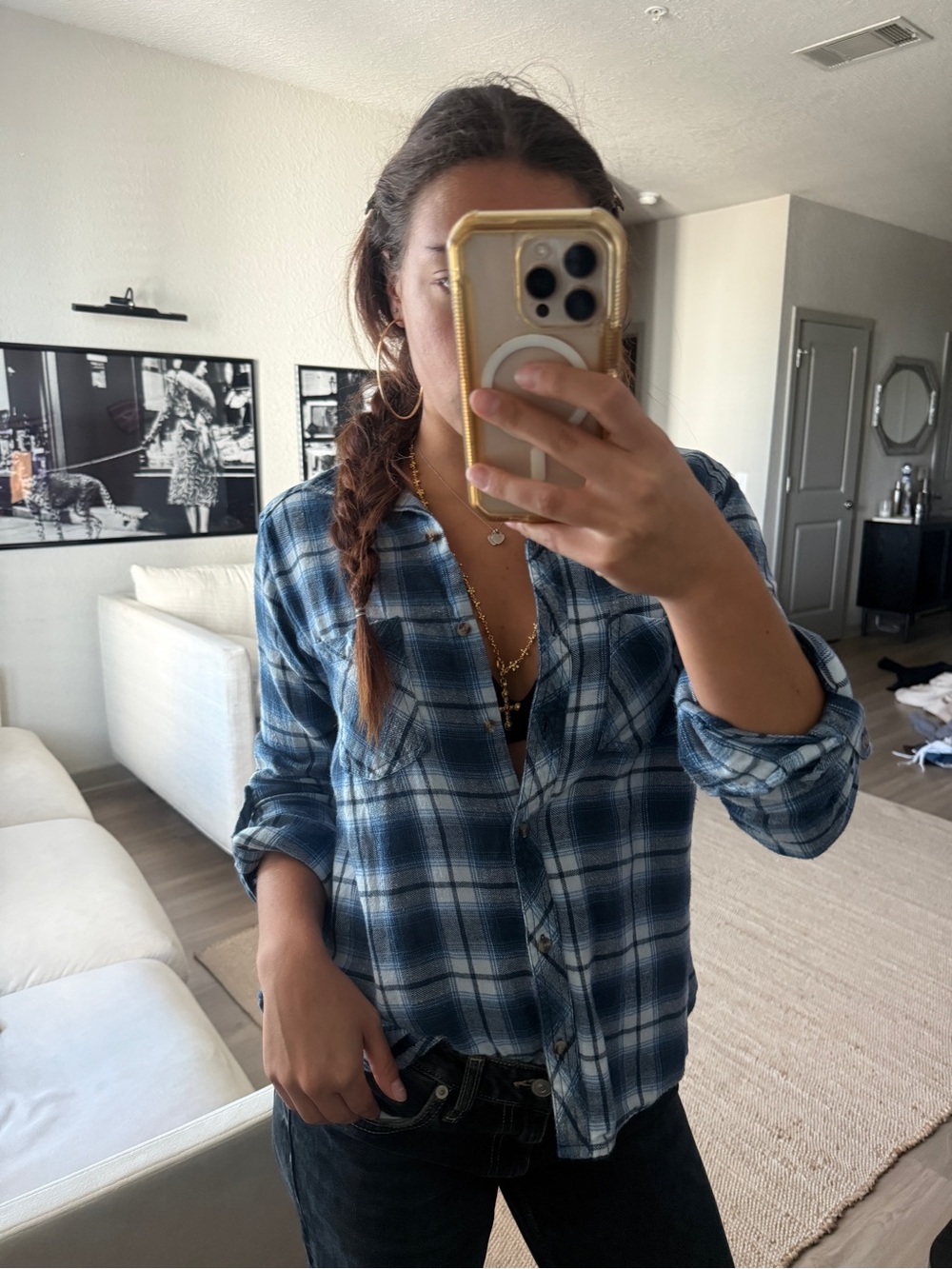 Blue and White Plaid Button-Front Flannel